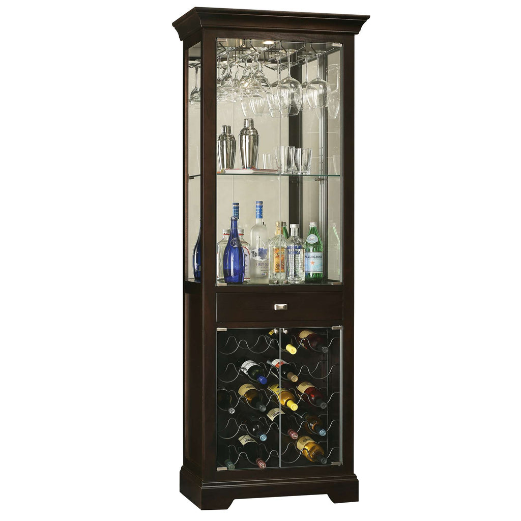 Elegant wooden bar cabinet with glass display for bottles and wine storage.