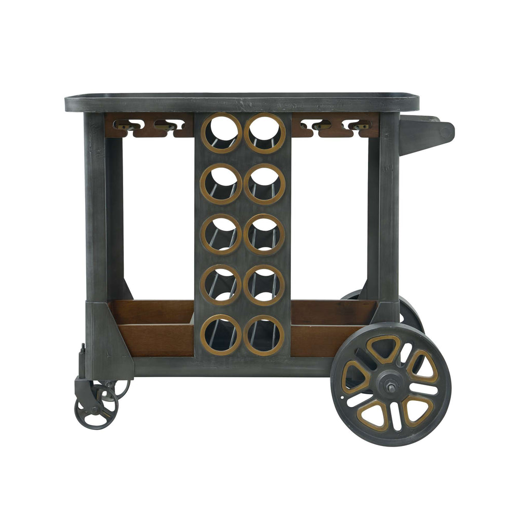 A vintage-style serving cart with circular cutouts and wheels.