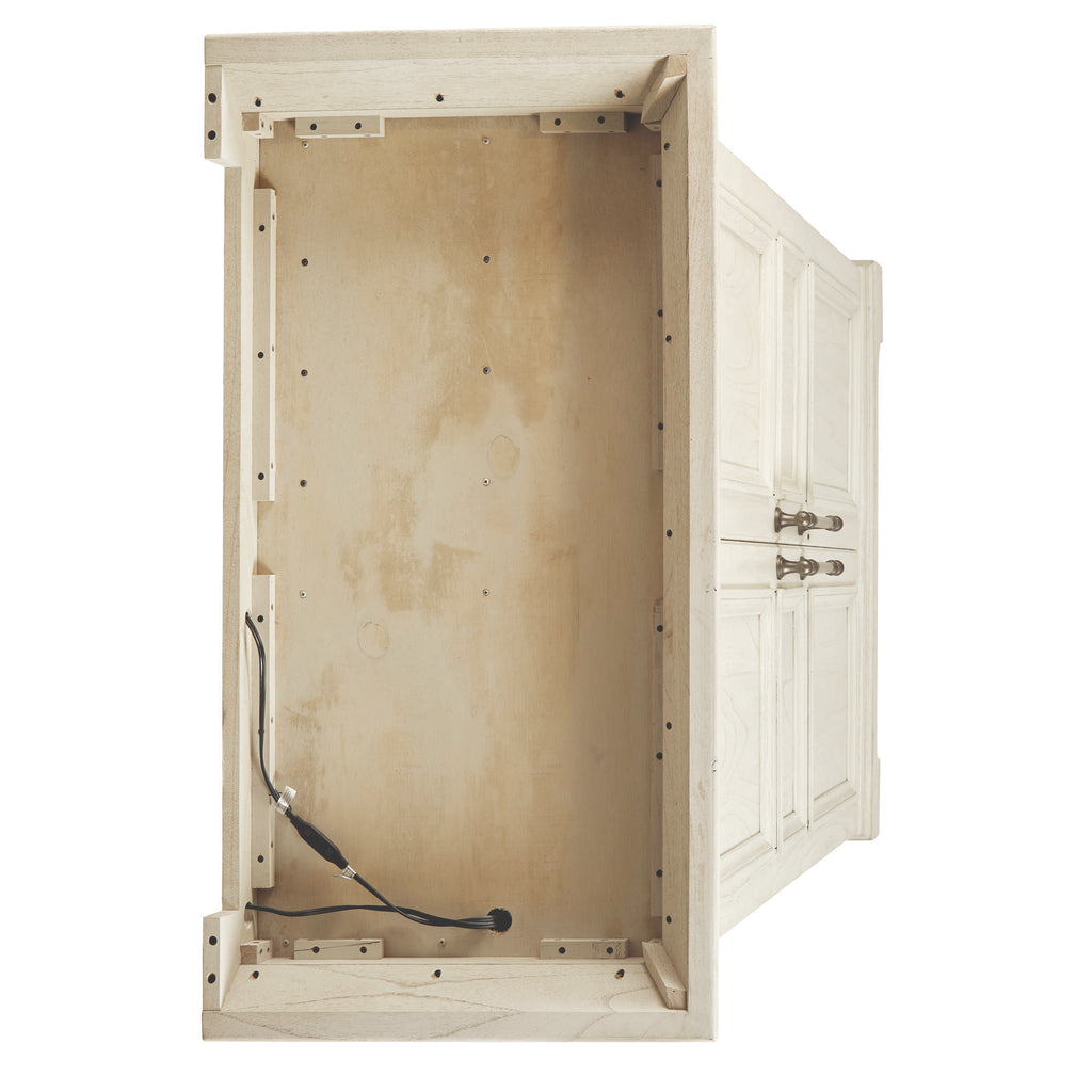 Interior view of a wooden cabinet showing unpainted surfaces and hardware.