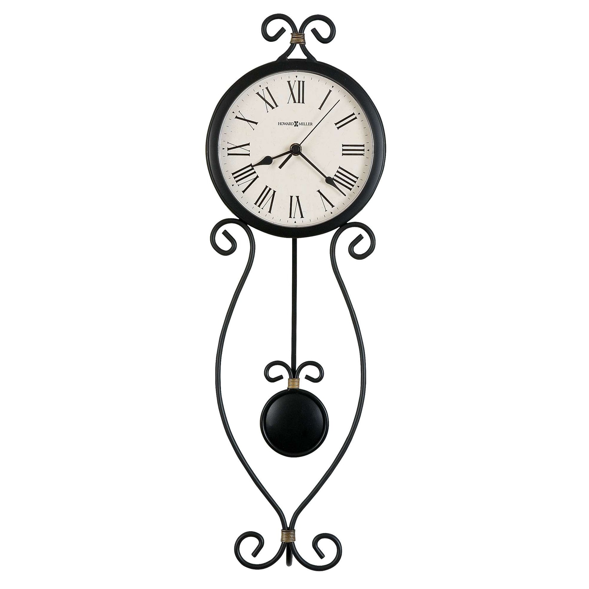 Black wall clock with decorative metal design and pendulum