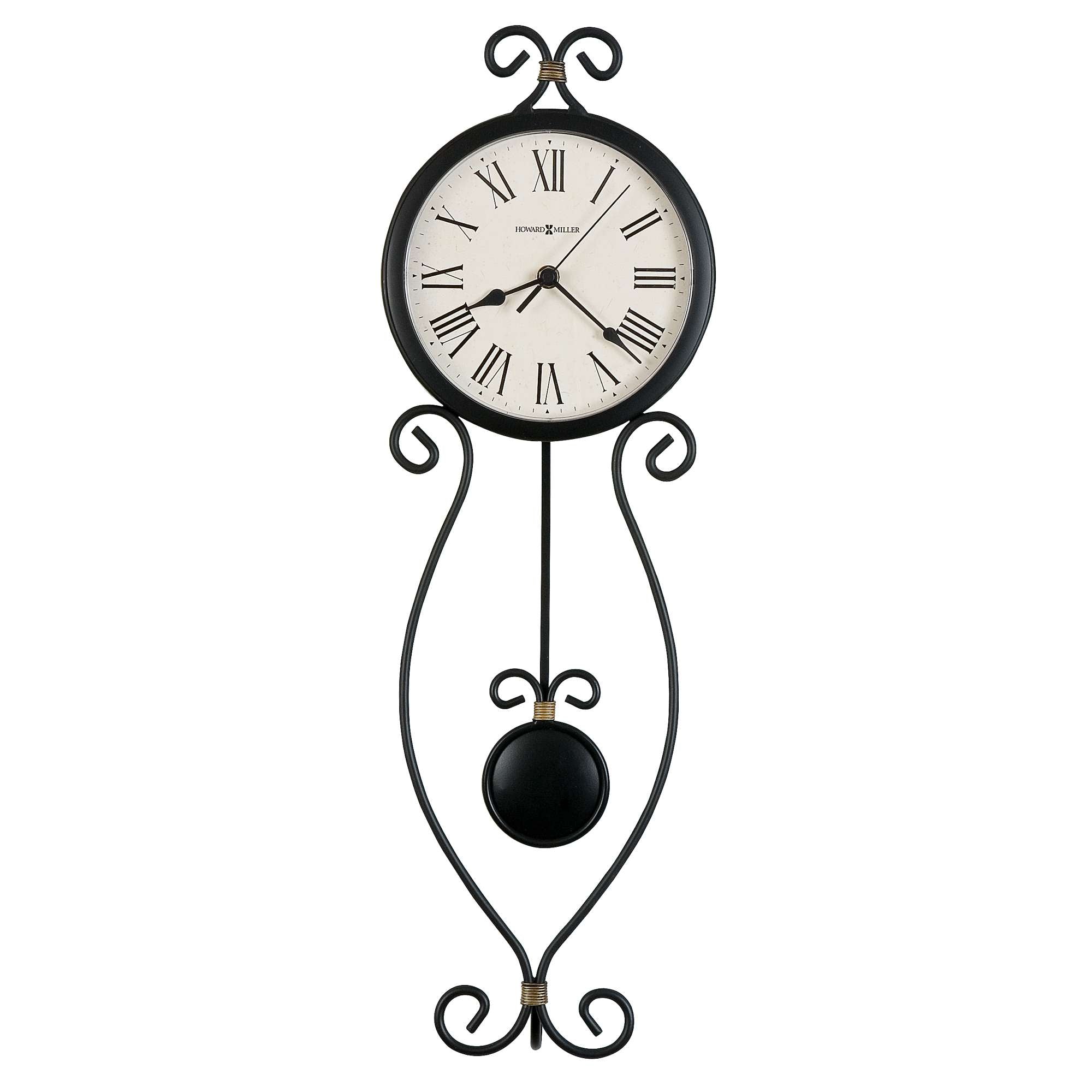 Black wall clock with decorative metal design and pendulum