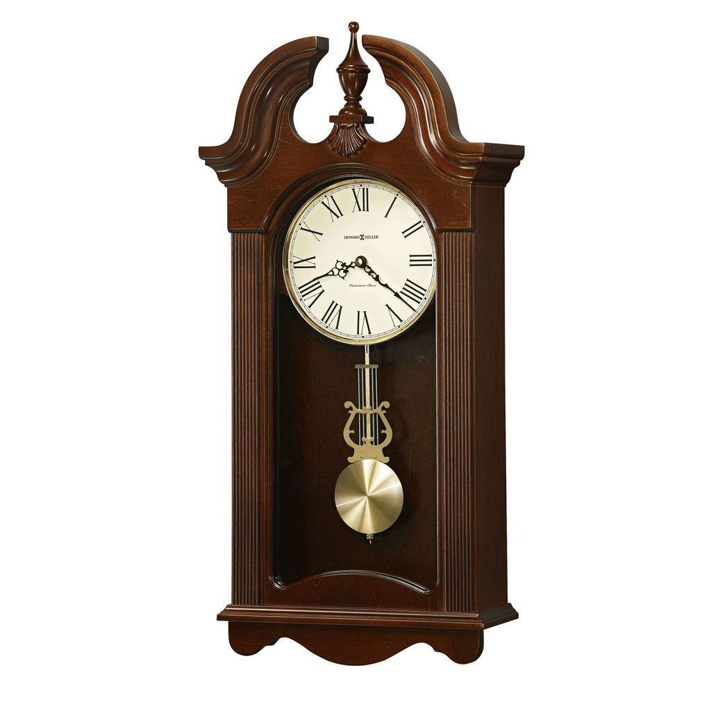 A vintage wall clock with a wooden frame and classic Roman numeral face.