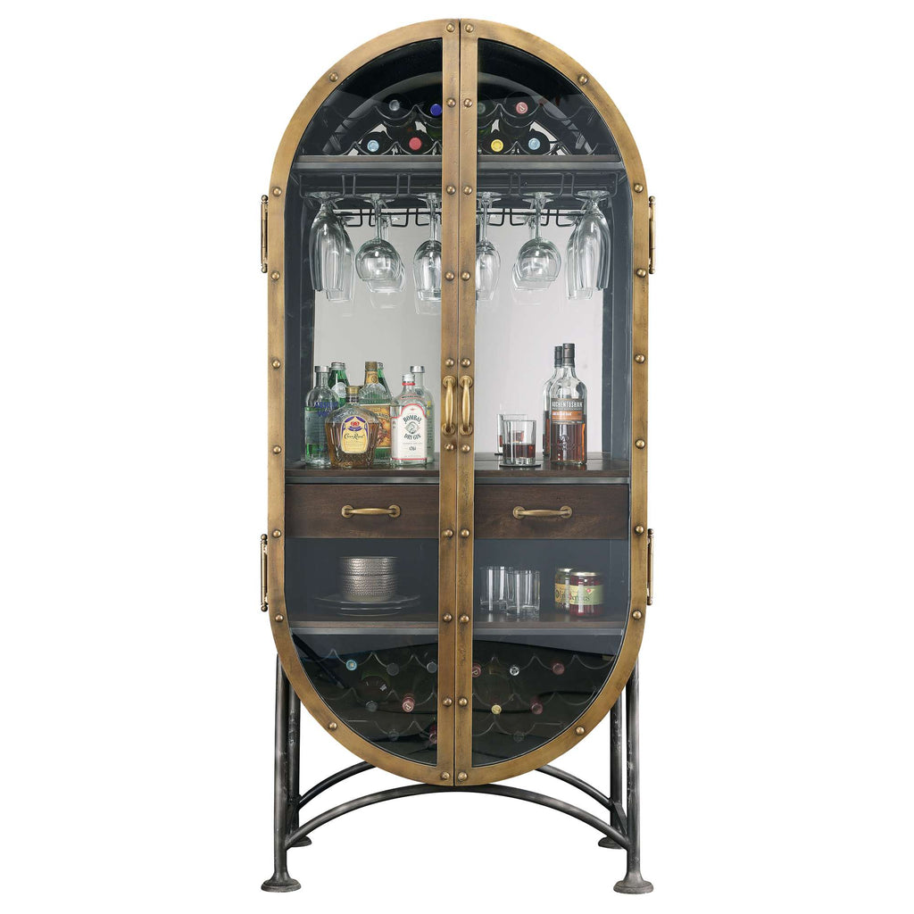 A vintage-style bar cabinet with glass doors, displaying various liquor bottles and glasses inside.