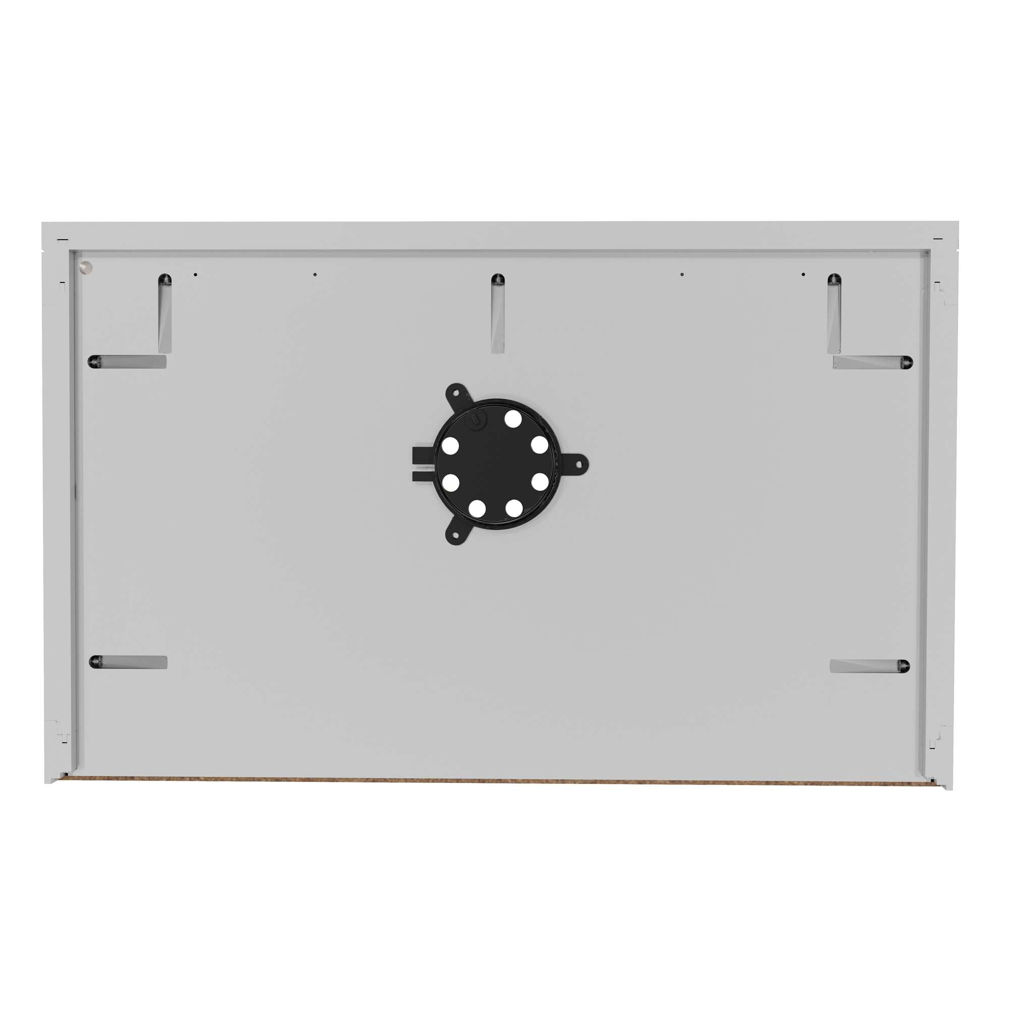 Back view of a rectangular panel with a circular mounting bracket