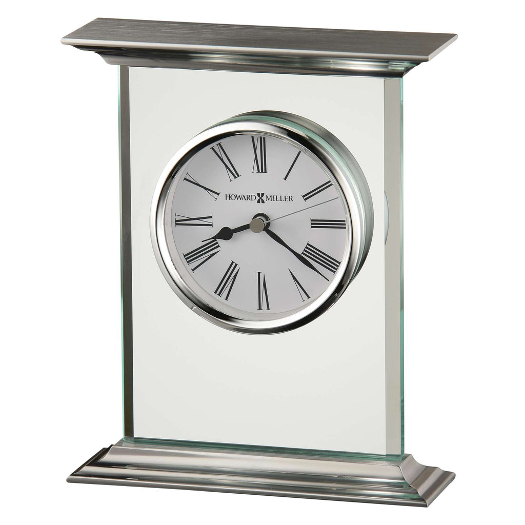 Elegant desk clock with a reflective base and Roman numerals