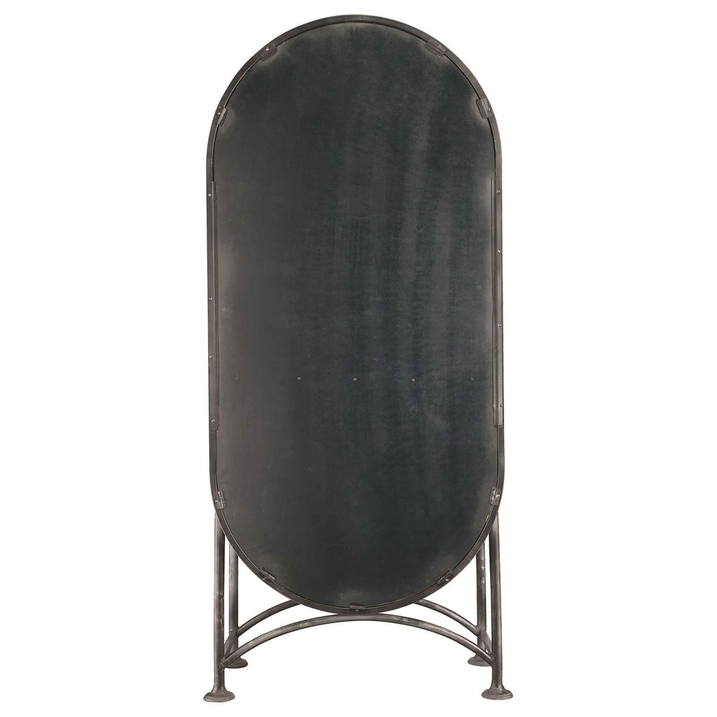 A tall, oval-shaped blackboard on a metal stand.