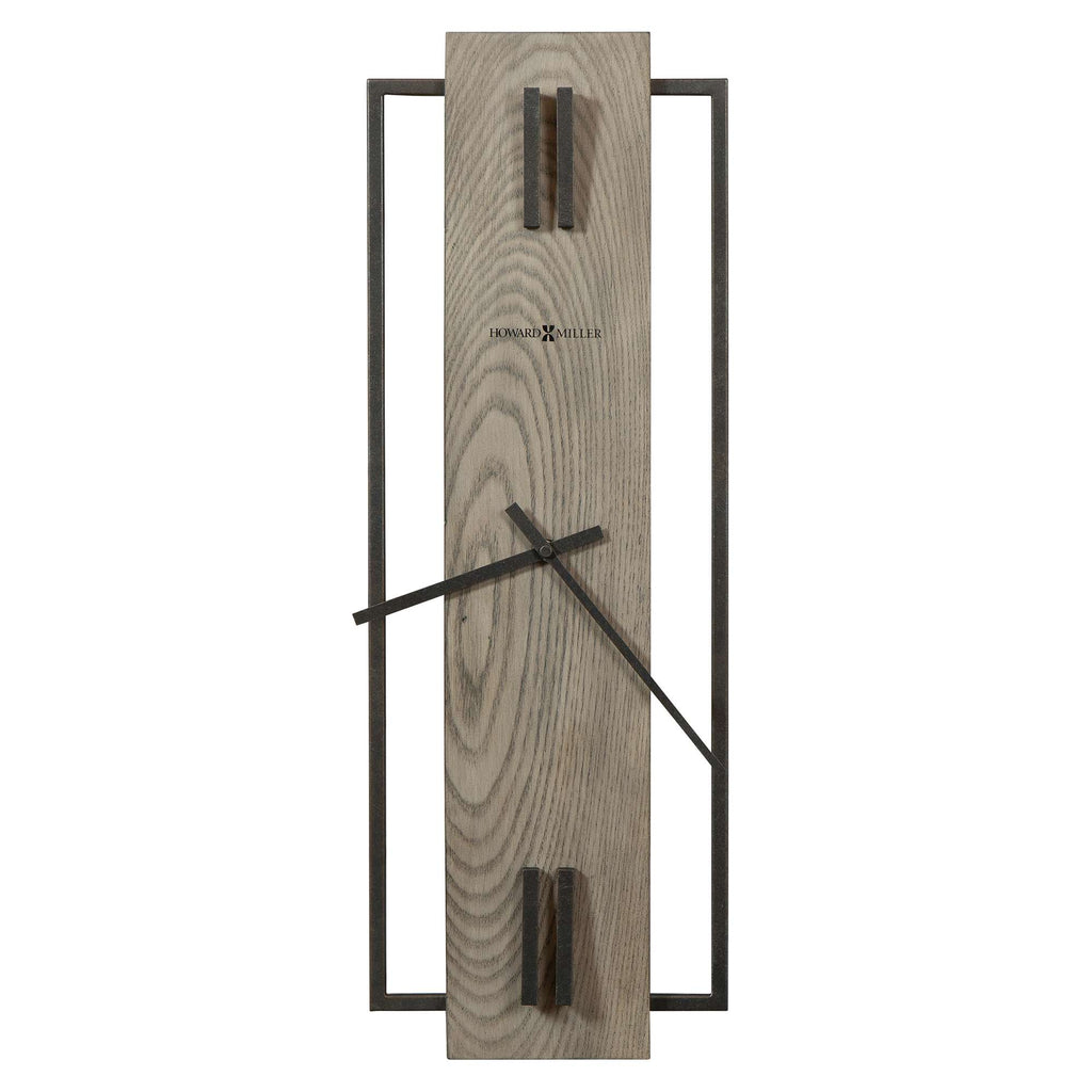 A modern wall clock with a wooden face and minimalist metal frame.