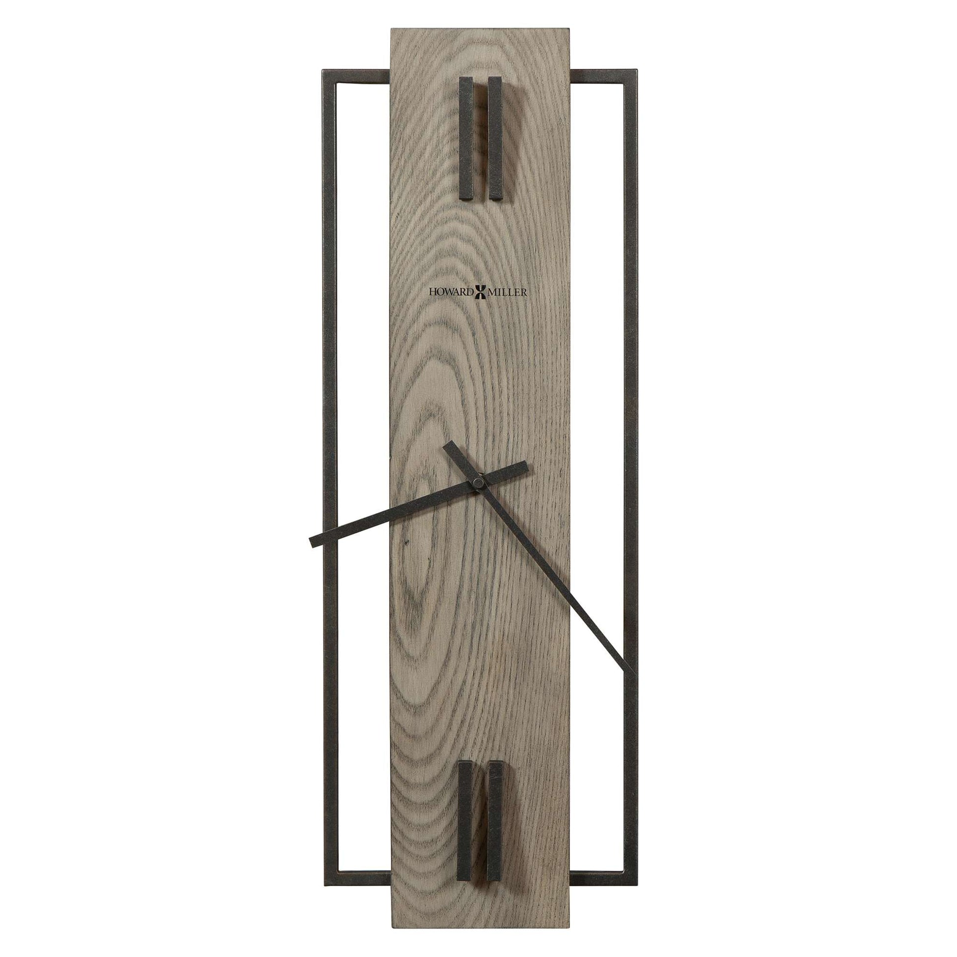 A modern wall clock with a wooden face and minimalist metal frame.