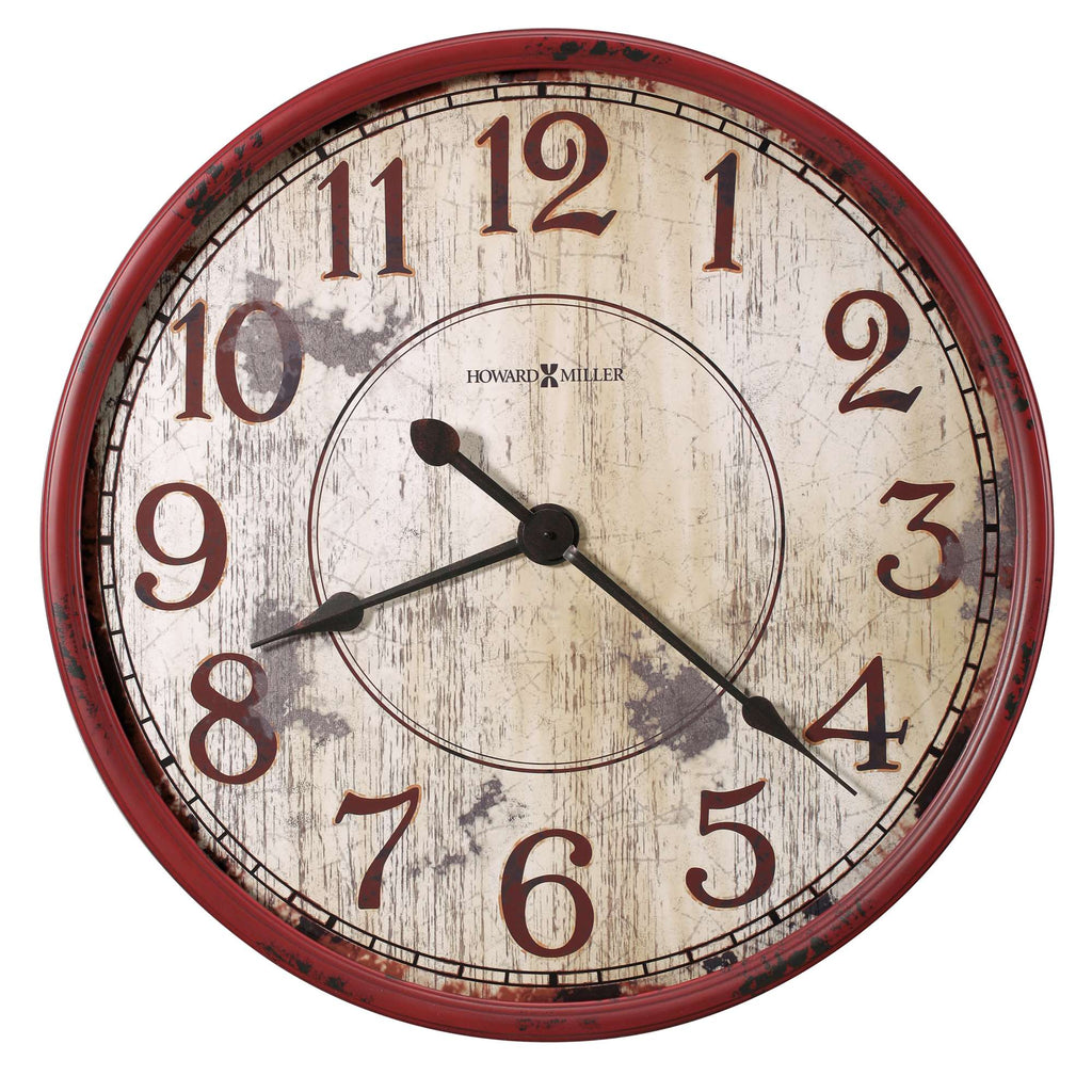 A vintage-style wall clock with a worn face and red frame.
