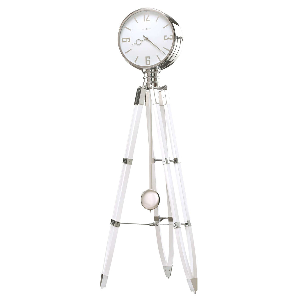 A stylish modern clock with a tripod stand and pendulum.