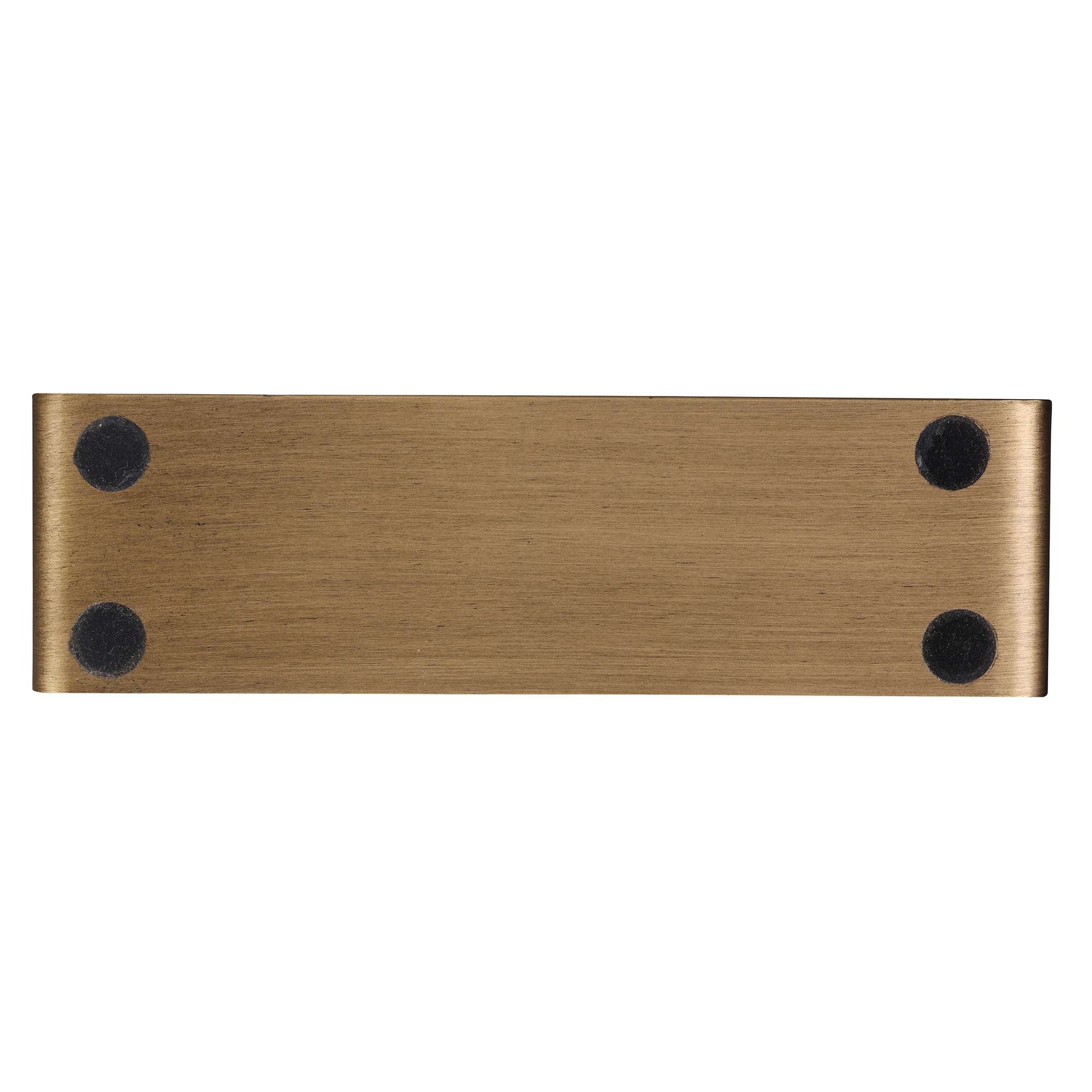 Brushed bronze metal plate with four circular black adhesive pads