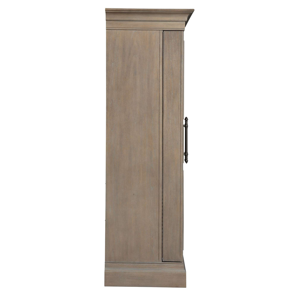 Tall wooden cabinet with a textured finish and a black handle