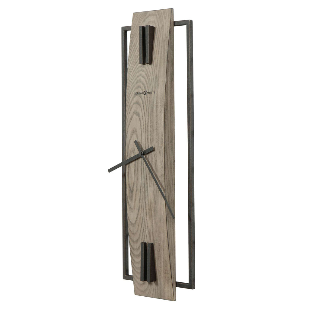 Modern wall clock with a rectangular wooden face and metal frame.