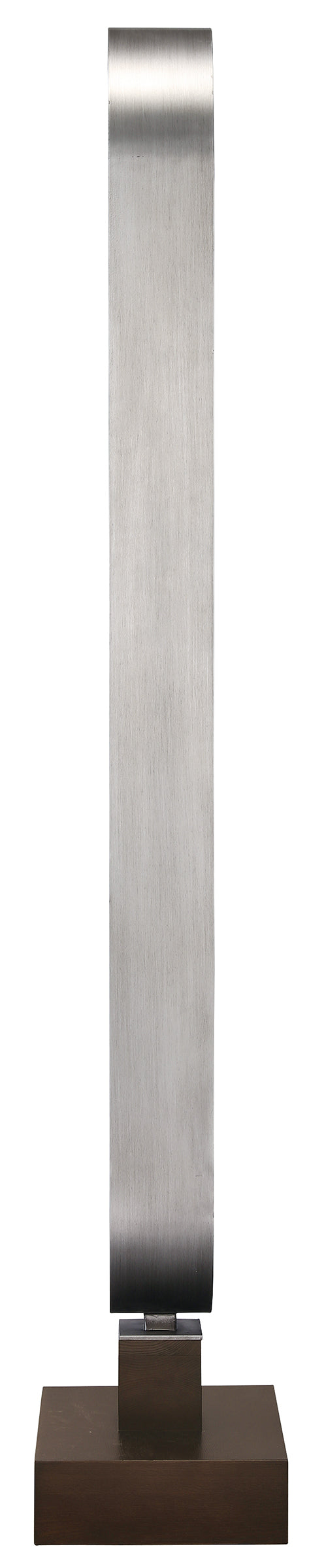 Sleek modern lamp with a brushed metal shade and a square wooden base.