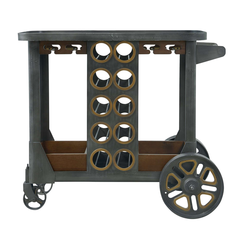 A side view of a stylish wheeled bar cart with wine holders and wooden accents.
