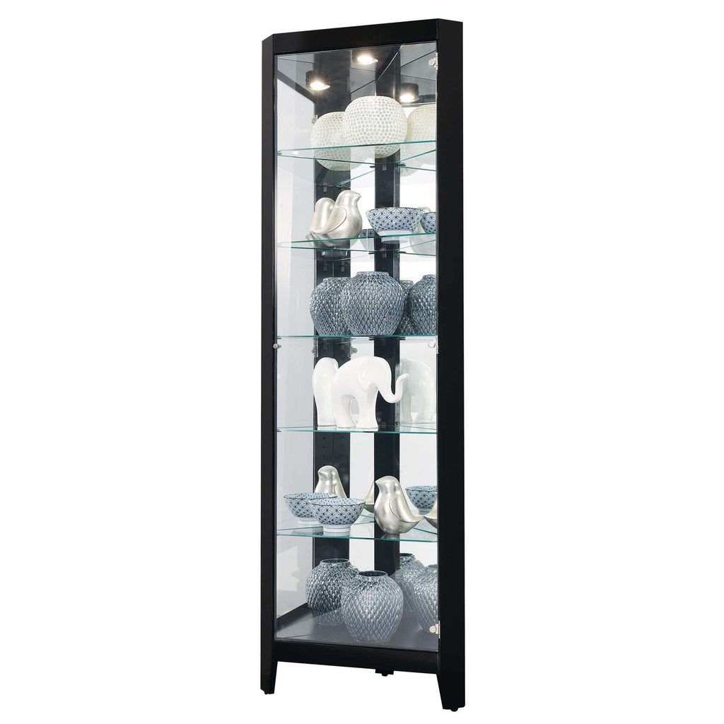 Tall glass display cabinet showcasing various decorative vases and sculptures.
