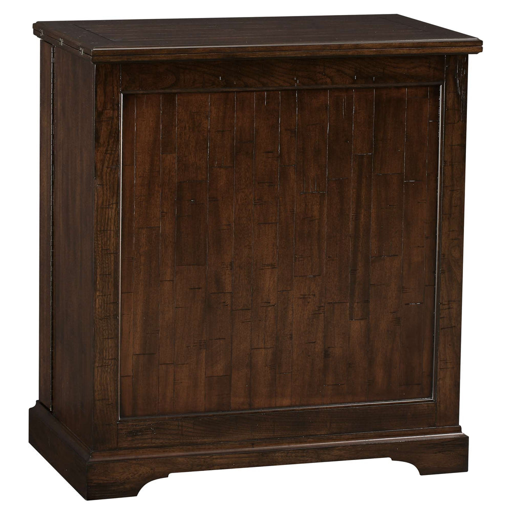 Dark wooden cabinet with a textured front panel