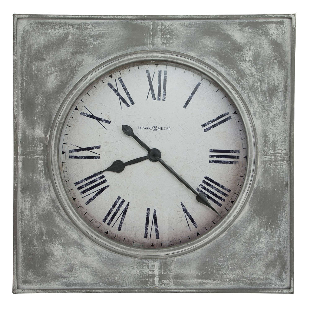 A vintage-style wall clock with Roman numerals and a distressed silver frame.