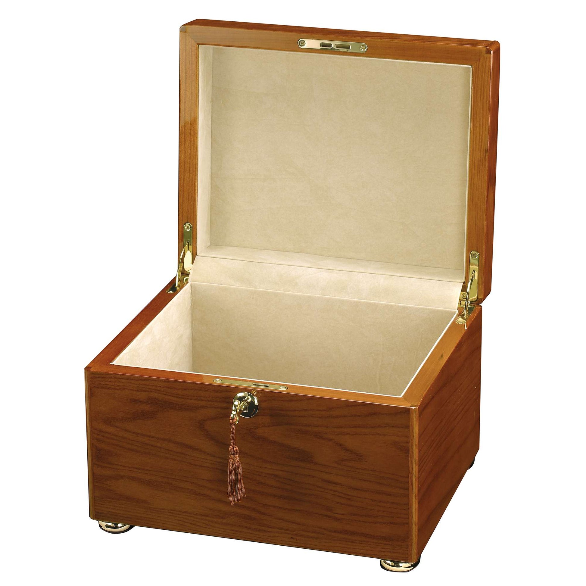 An open wooden storage box with a plush interior.