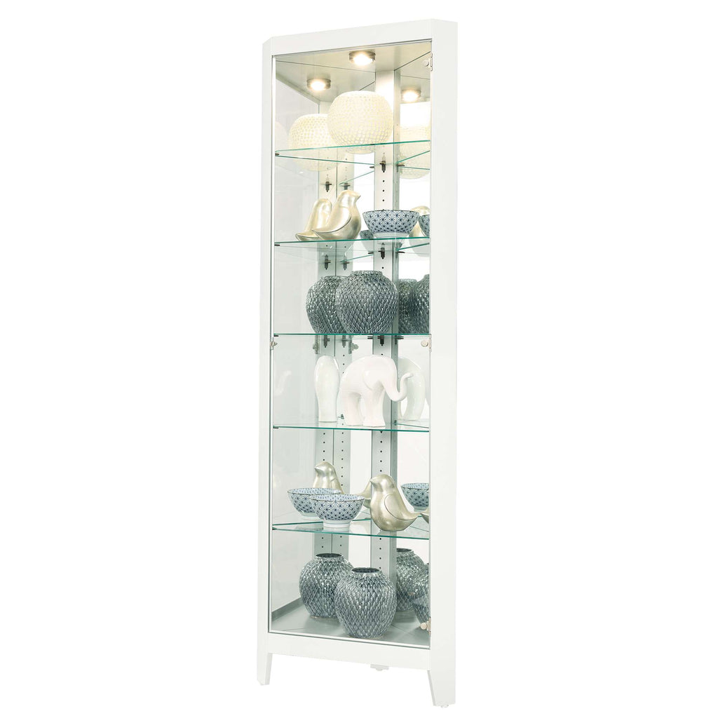 A tall, modern glass display cabinet with decorative vases and figurines.