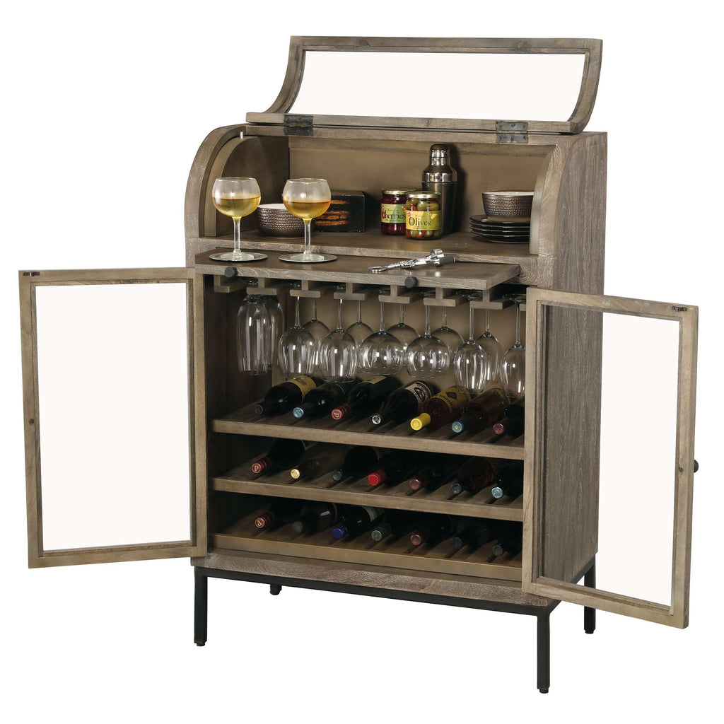 A stylish wooden wine cabinet with glasses and bottles displayed inside