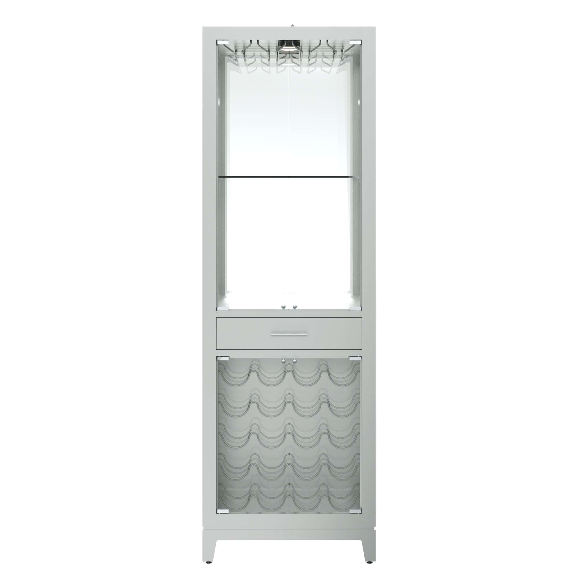 Tall white cabinet with a glass shelf, a drawer, and wine storage at the bottom.