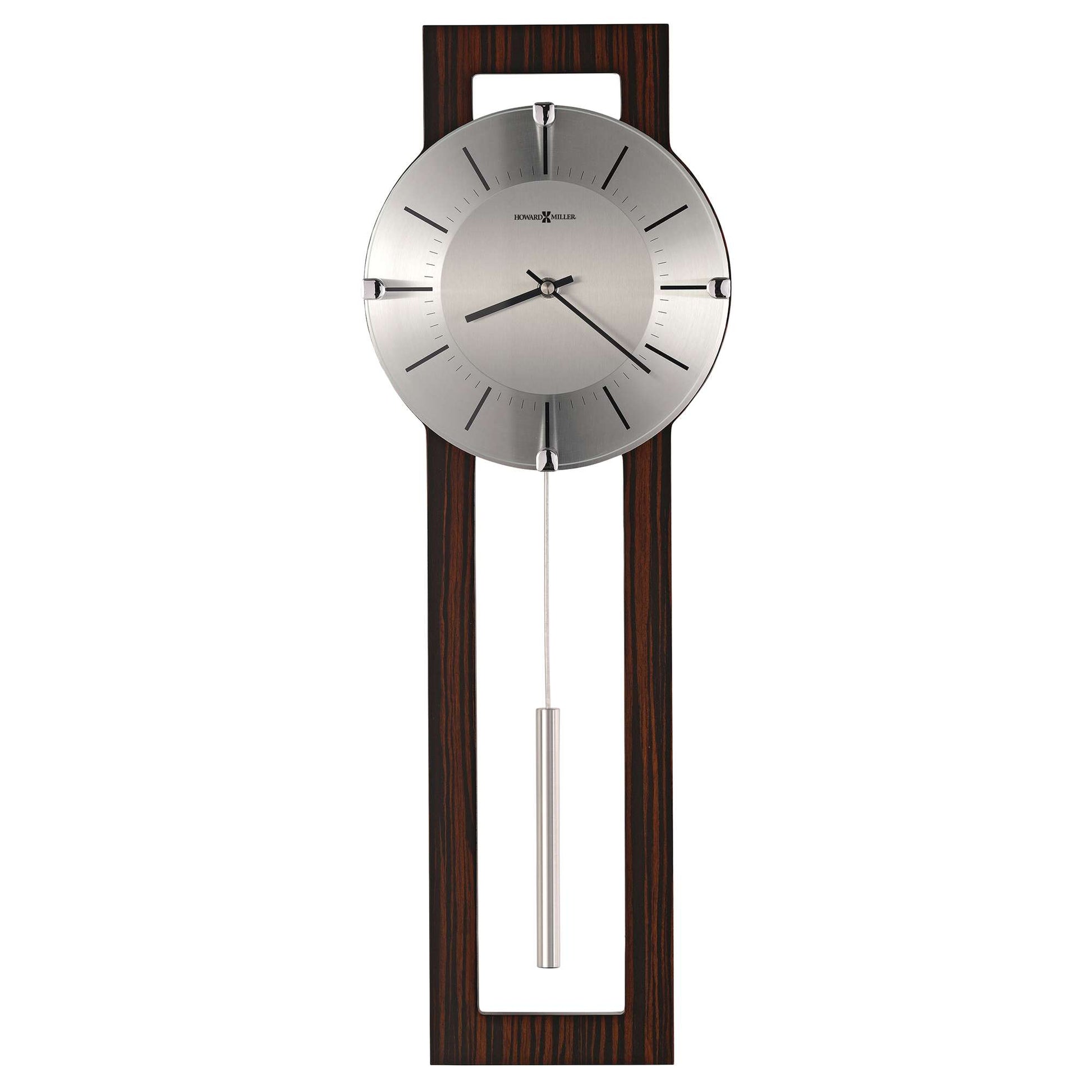 Modern wall clock with a silver face and wooden frame