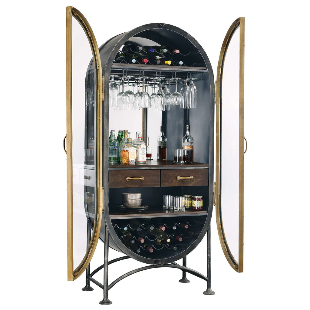 A stylish bar cabinet with an oval design, showcasing wine bottles, glasses, and various beverages inside.