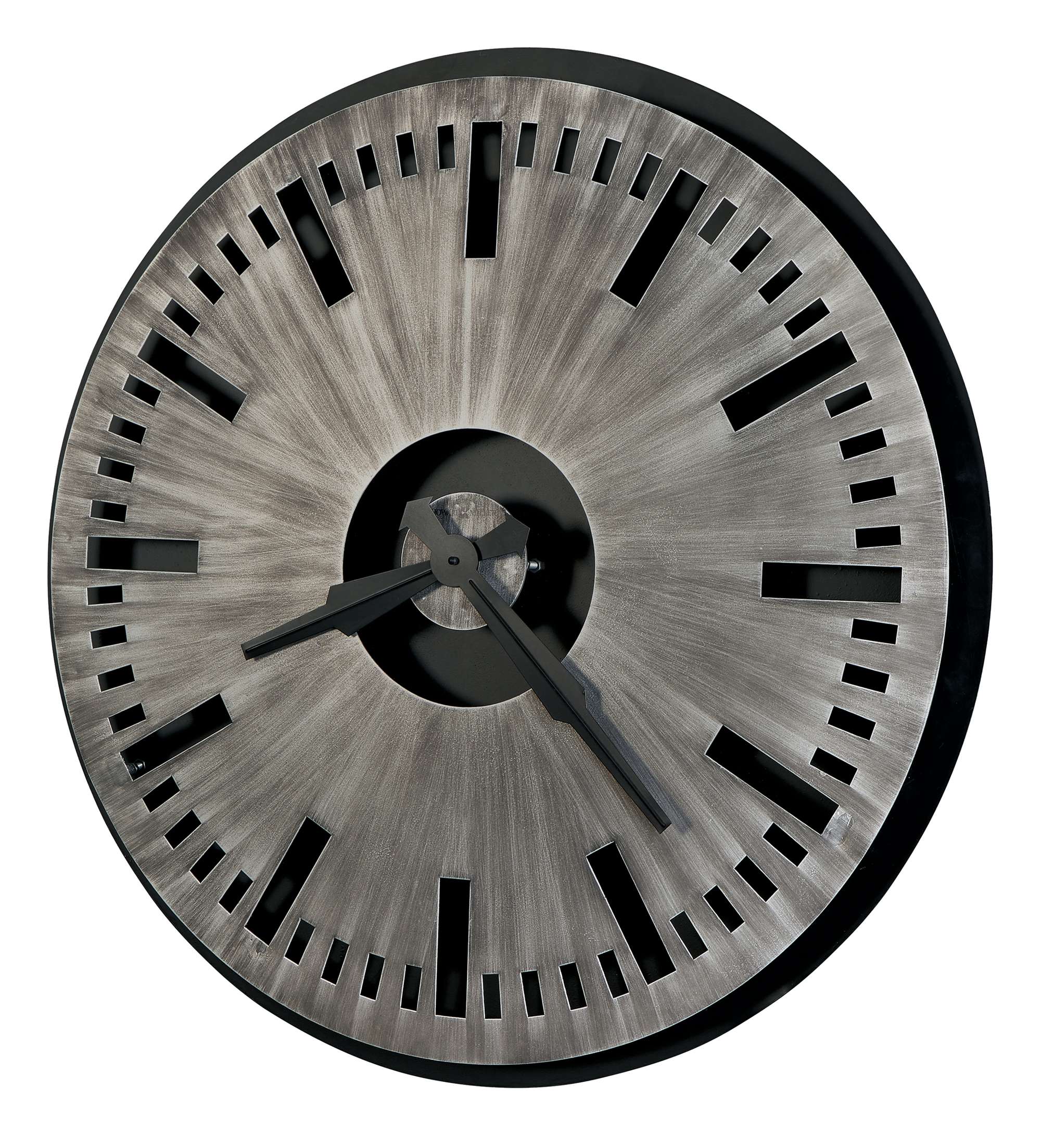 Modern wall clock with a brushed metal finish and black accents.