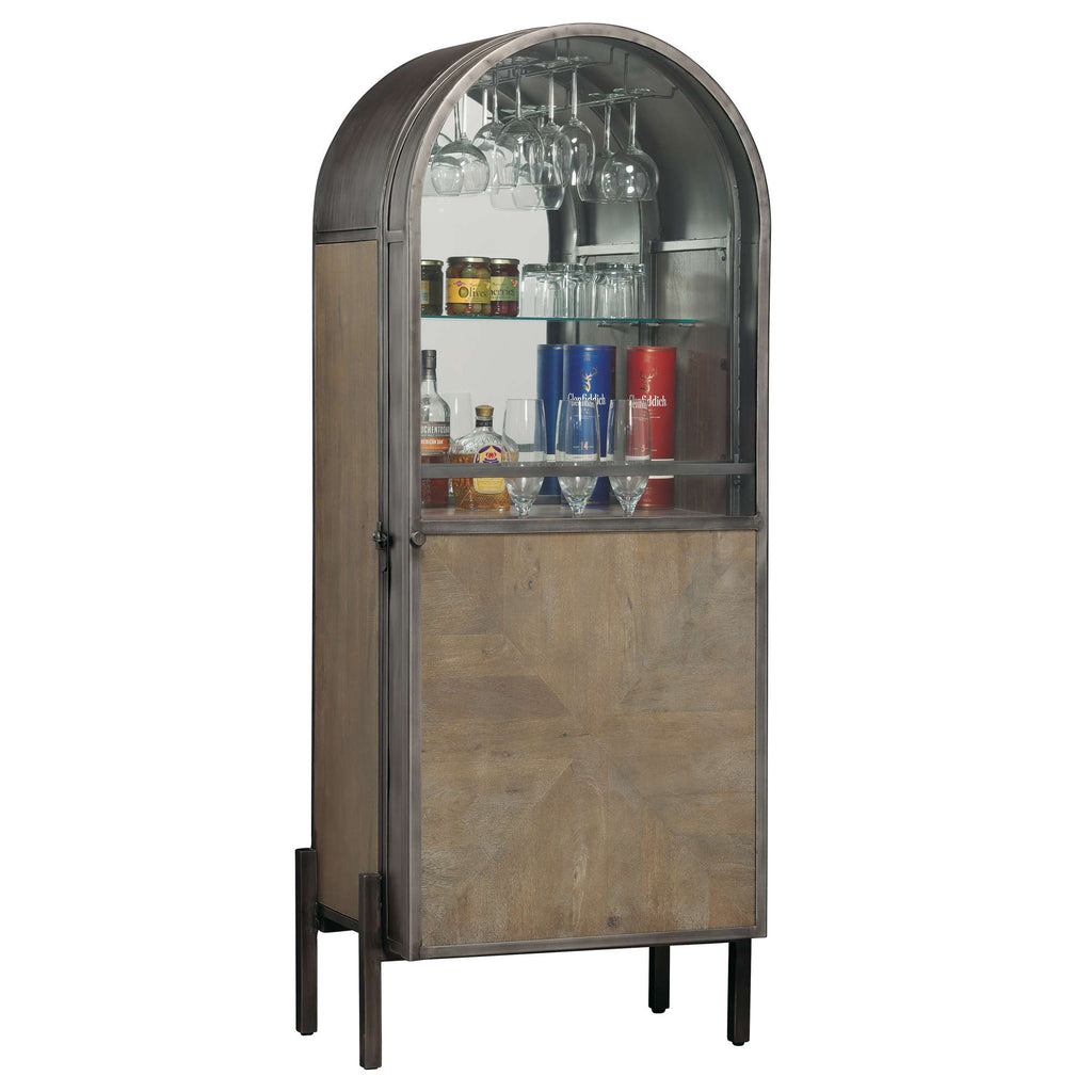 Stylish arched bar cabinet with glass shelves and metallic frame.