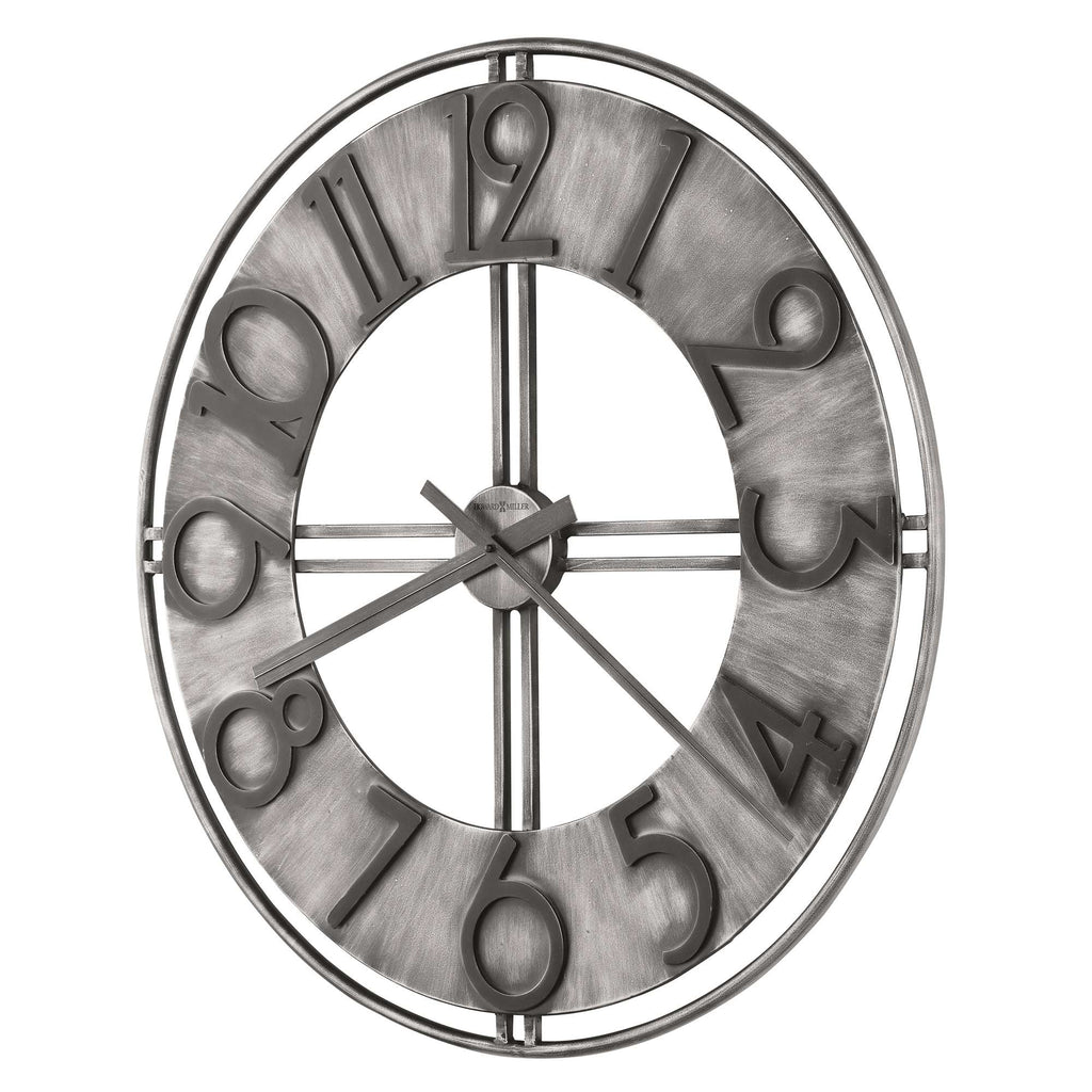 Stylish wall clock with large numerals and a metallic finish.