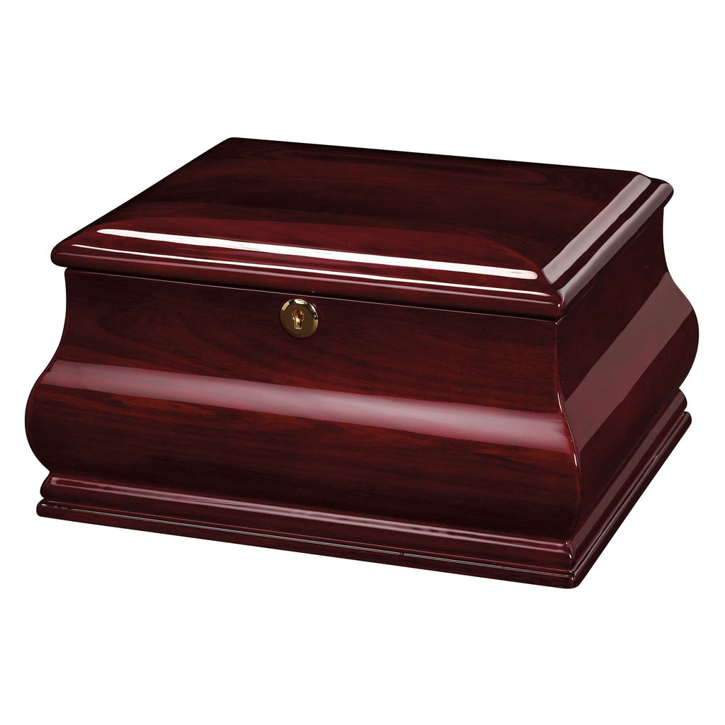 A polished wooden box with a curved design and a brass clasp.