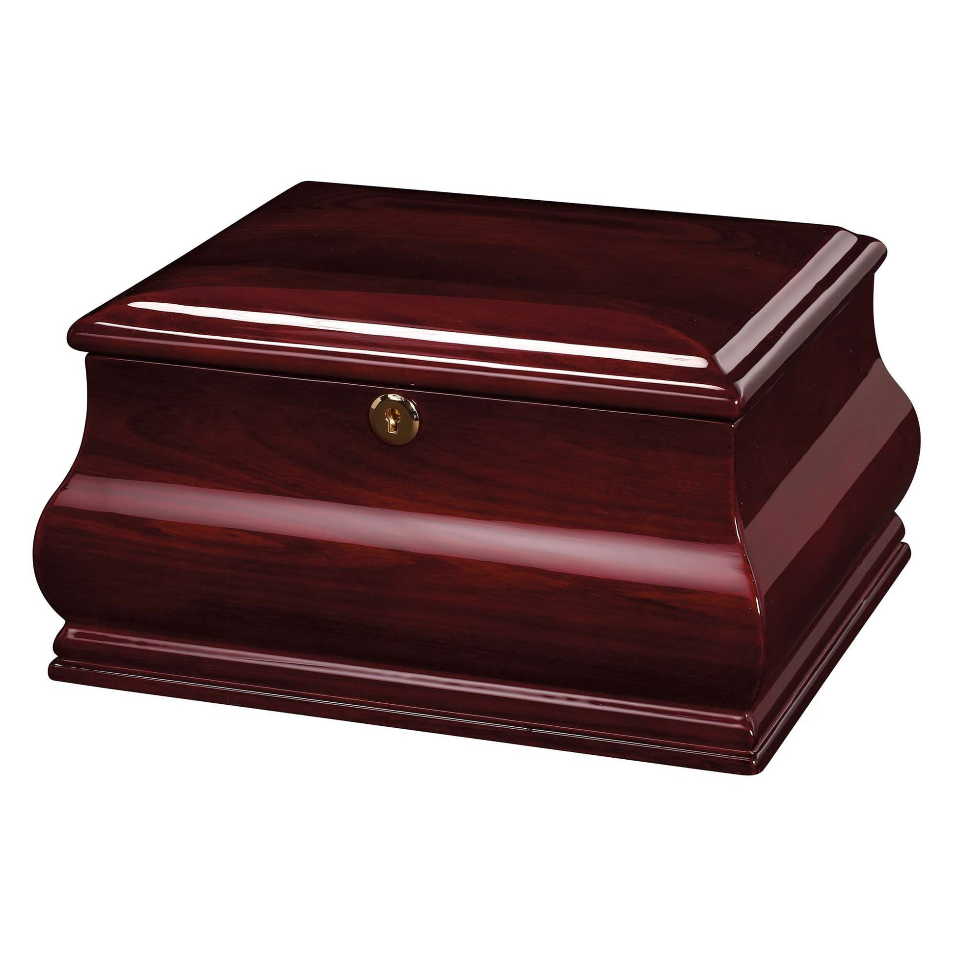 A polished wooden box with a curved design and a brass clasp.