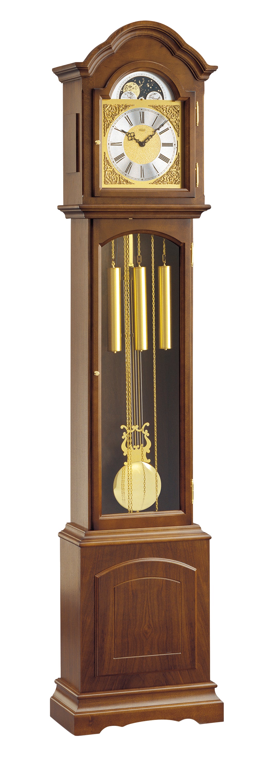 A tall grandfather clock with a wooden case, decorative clock face, and pendulum.