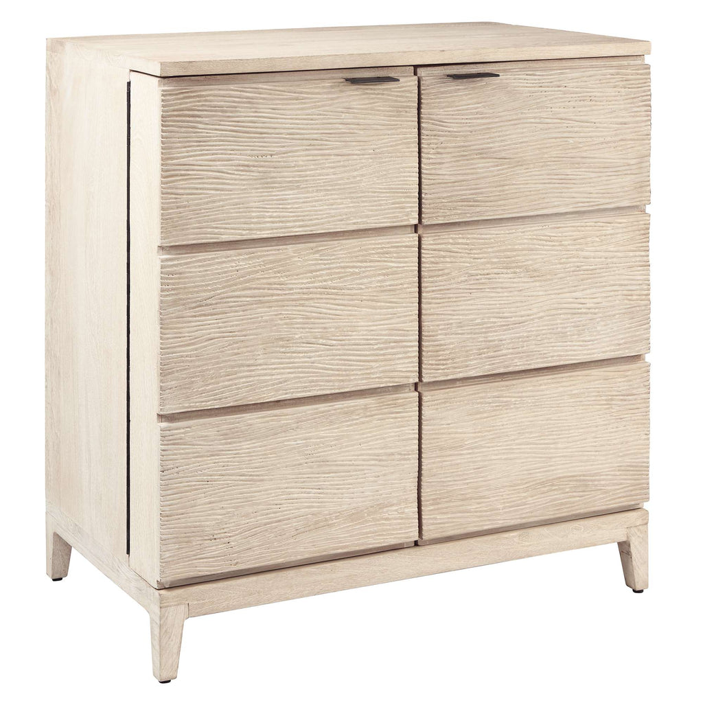 Modern light wood chest of drawers with six front-facing drawers