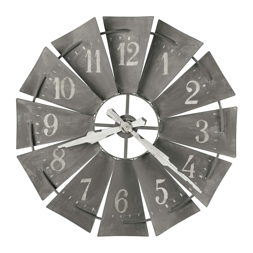 A decorative wall clock with a unique windmill design and large numerals.