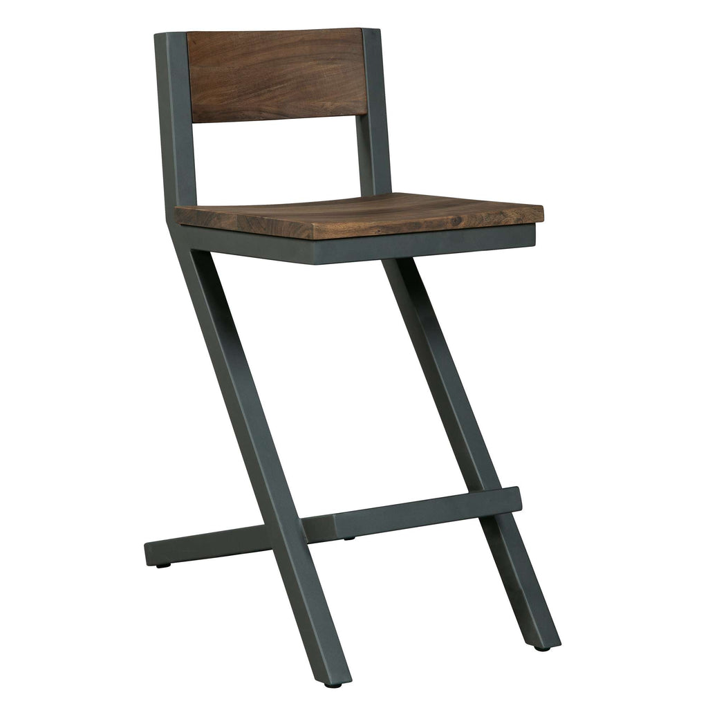 A modern, minimalist wooden bar stool with a dark metal frame.