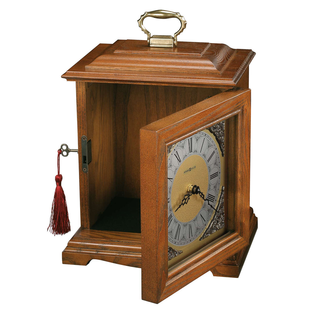 Wooden clock cabinet with an open door, showing a classic clock face inside.