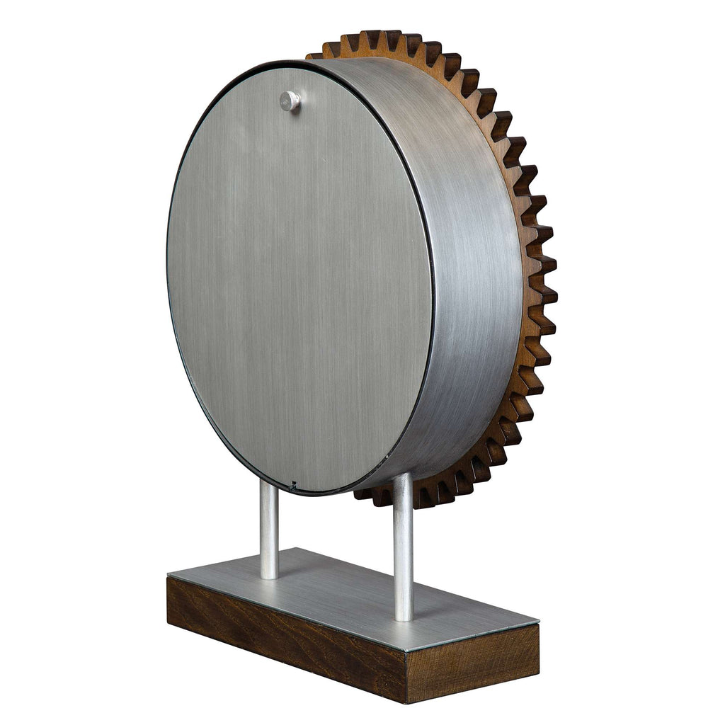 Modern decorative clock with a metal circular face and wooden gear accents.