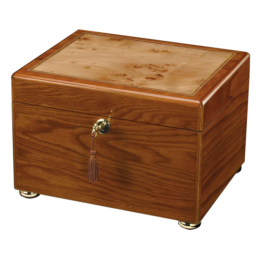 A wooden storage box with a decorative top and a golden clasp.