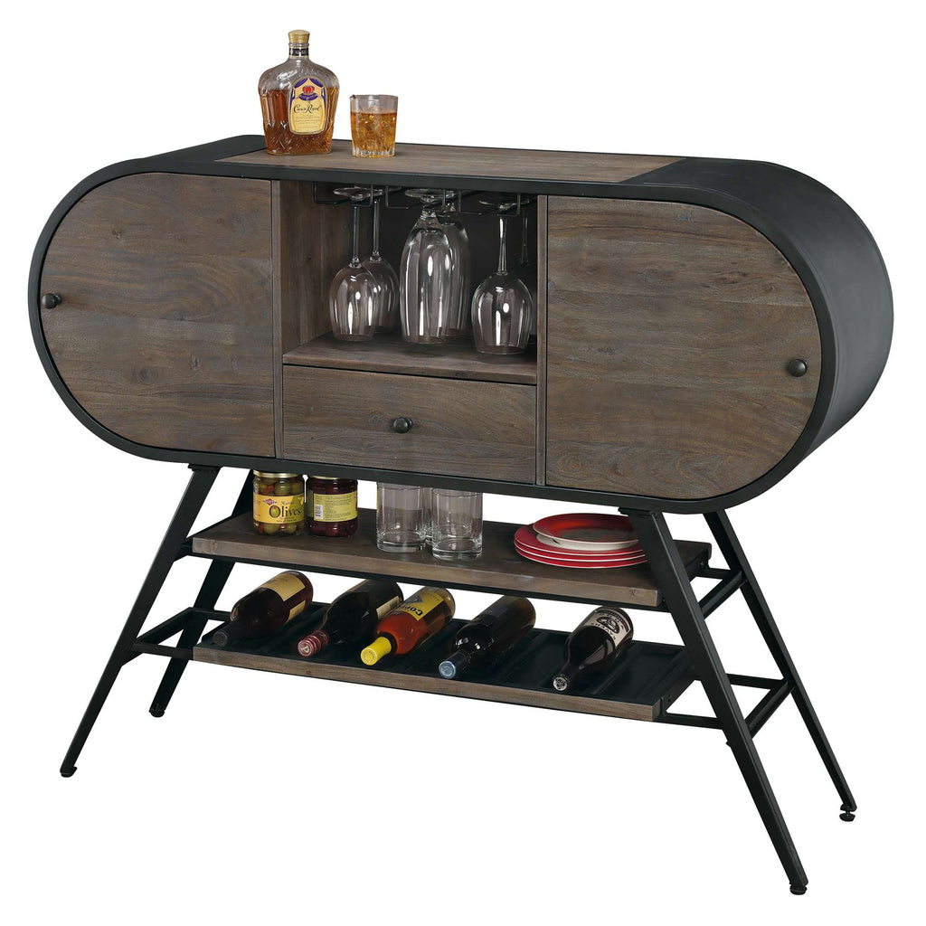 A stylish wooden bar cabinet with a sleek metal frame, featuring glassware, bottles, and a display shelf.