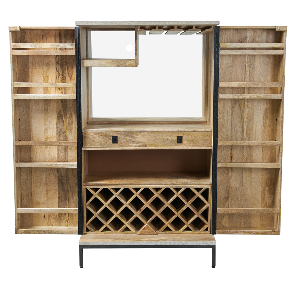 Wooden storage cabinet with mirror and wine rack