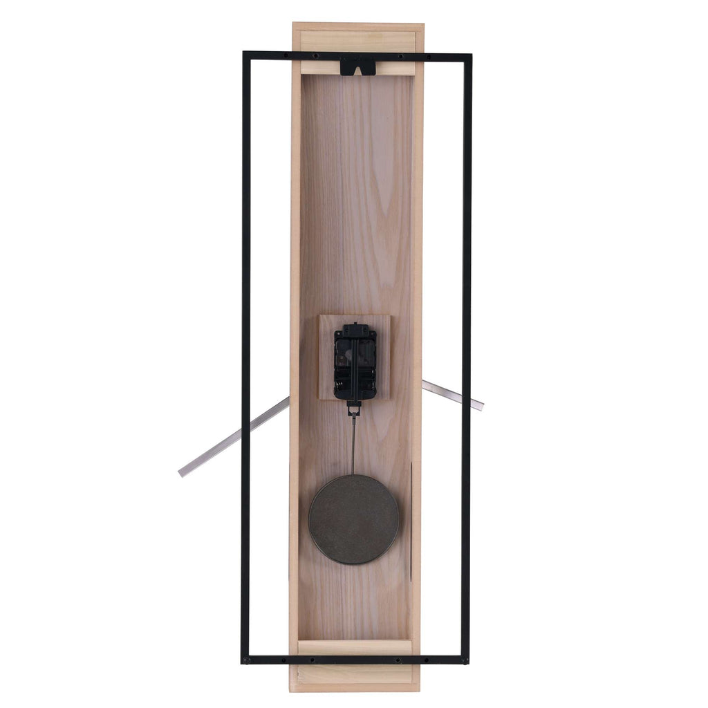 A minimalist wall clock with a wooden frame, black metal accents, and a round clock face.