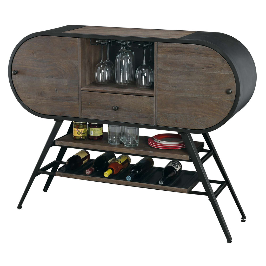 A stylish wooden sideboard with glassware storage and a wine rack.