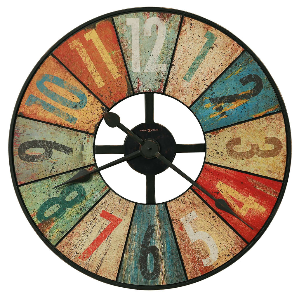 A vintage-style wall clock with colorful numbers and a rustic design.