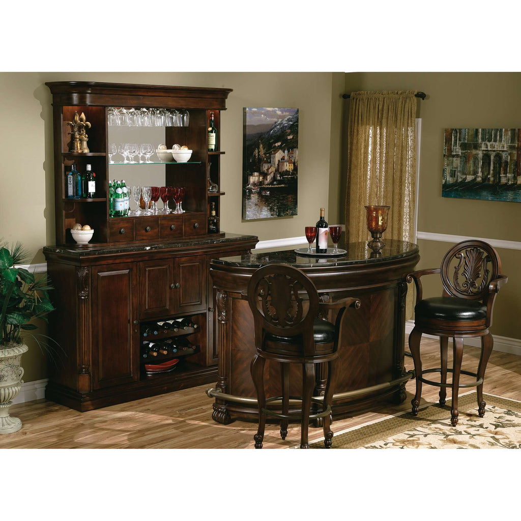 Elegant home bar setup with a wooden bar, high stools, and a display cabinet for glassware.