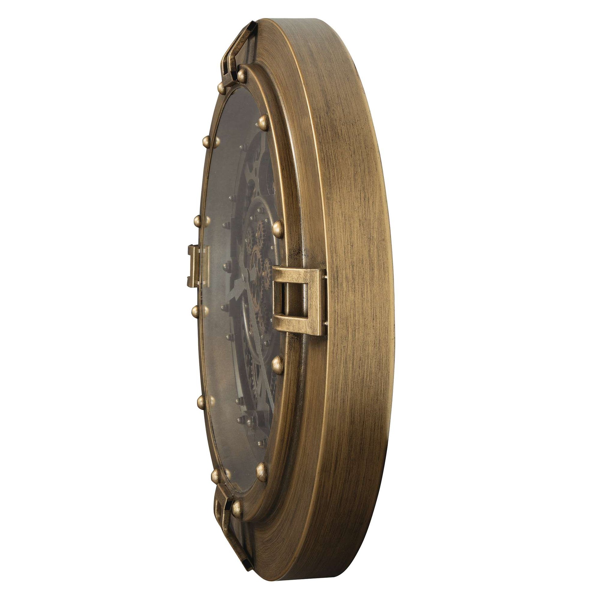 Side view of an antique-style brass wall clock