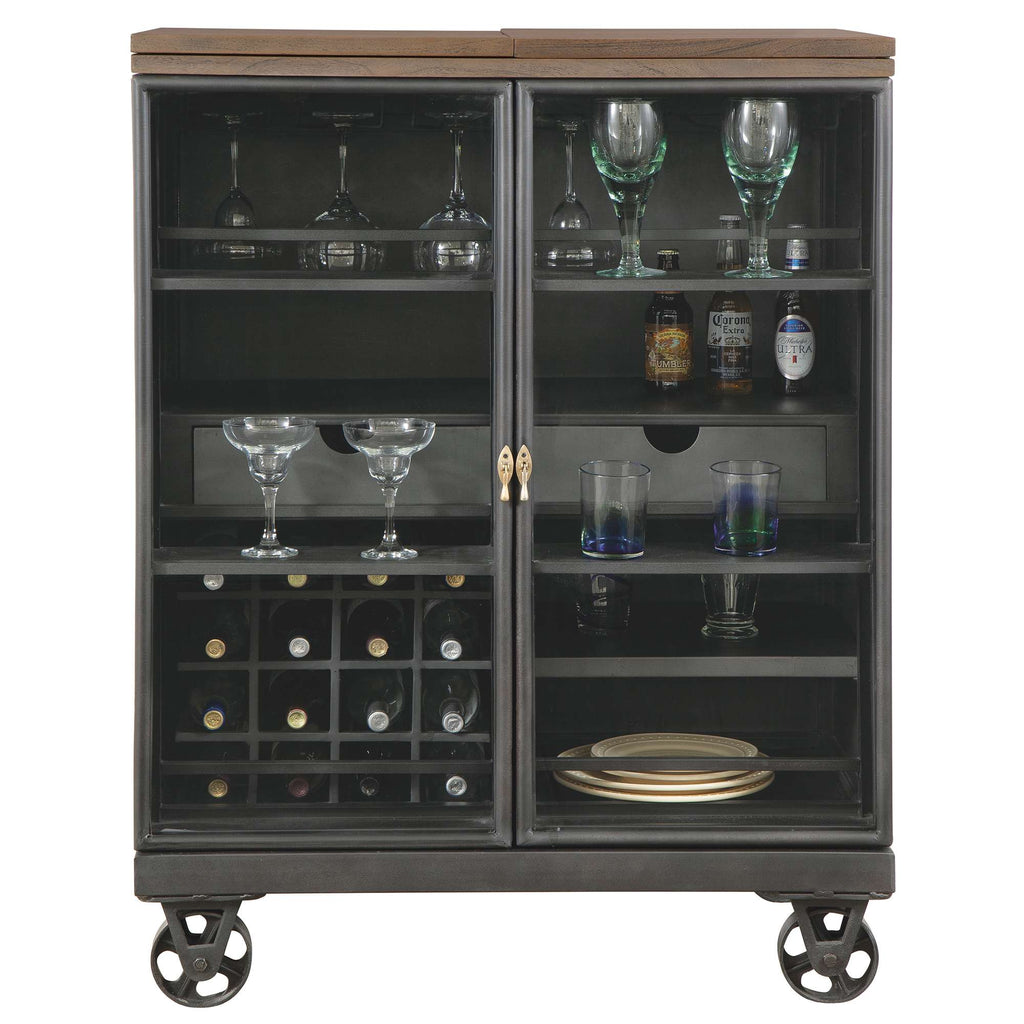 A stylish bar cabinet with glass doors, showcasing wine bottles, glasses, and decorative plates.
