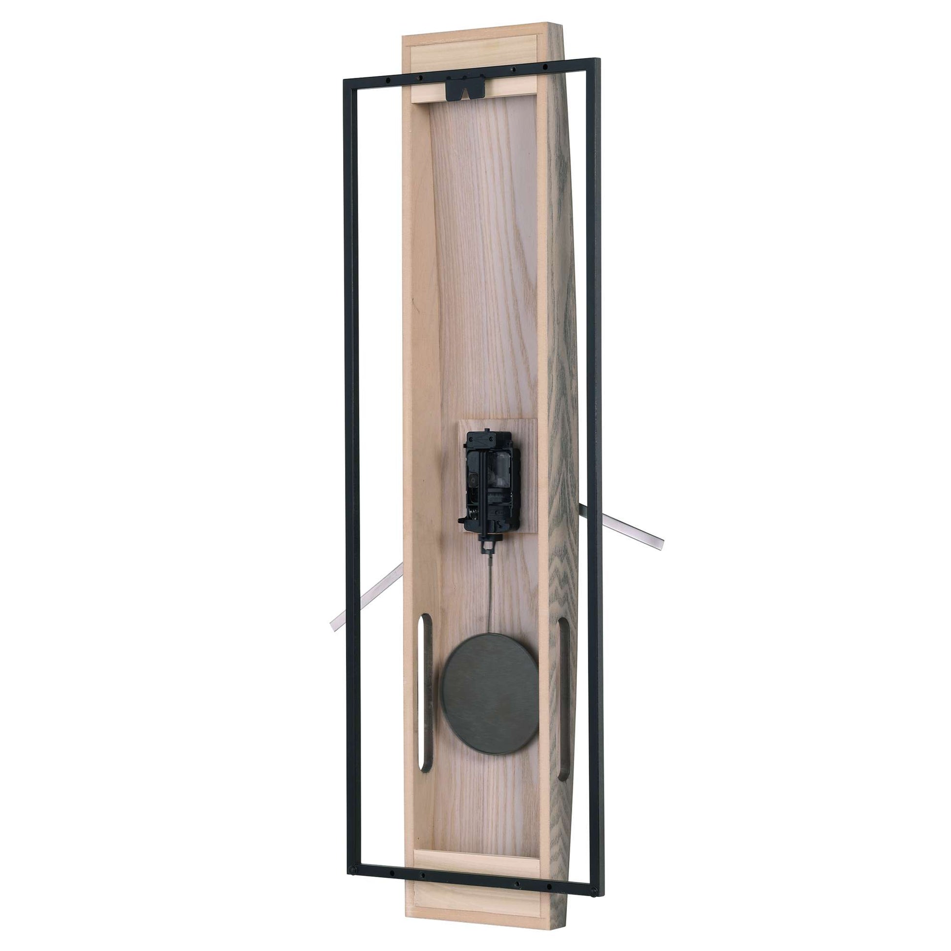 Modern wooden wall clock with black frame and minimalistic design.