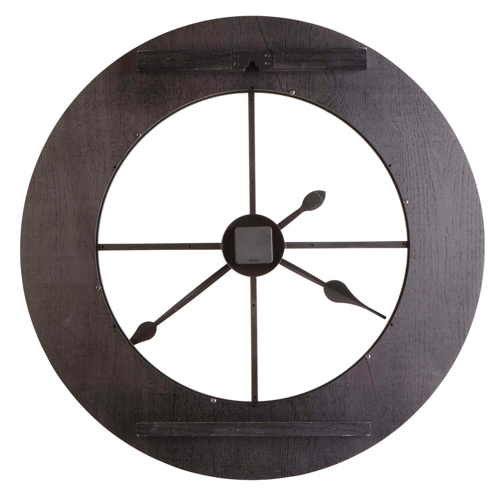A round black wall clock with minimalist design featuring a central square and simple hour, minute, and second hands.